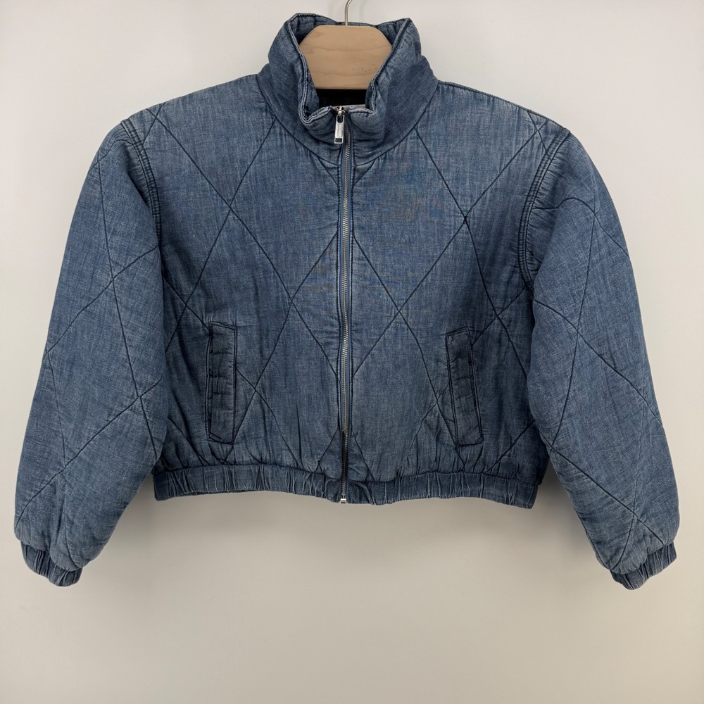 Michael Kors Jacket Womens L Blue Chambray Quilted Cropped Bomber NWT